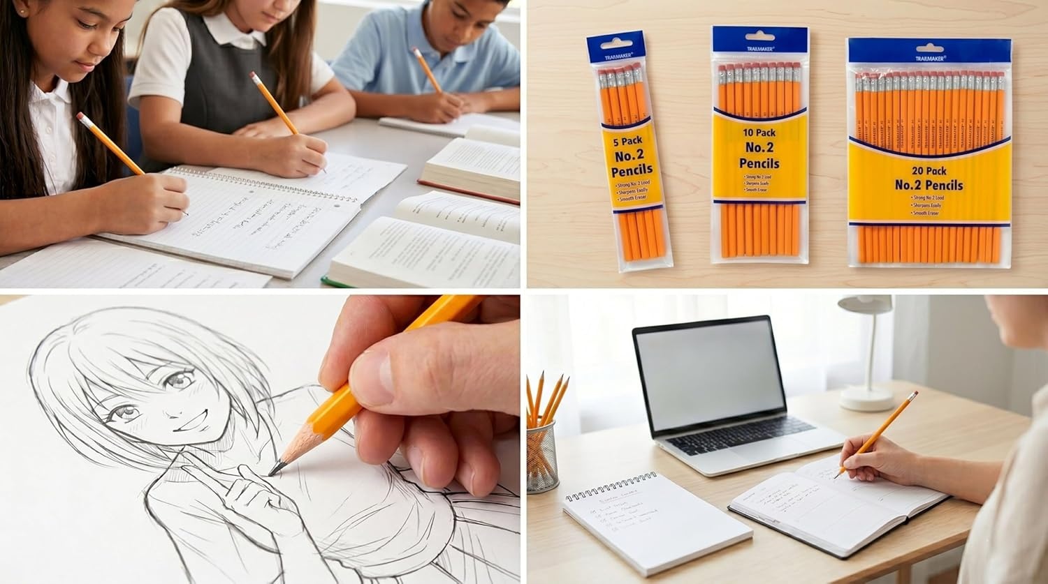 Trail maker Wood Cased #2 HB Pencils – 500 Unsharpened Yellow Pencils in Bulk for School, Office (100 5-Packs)(1000 Pencils)