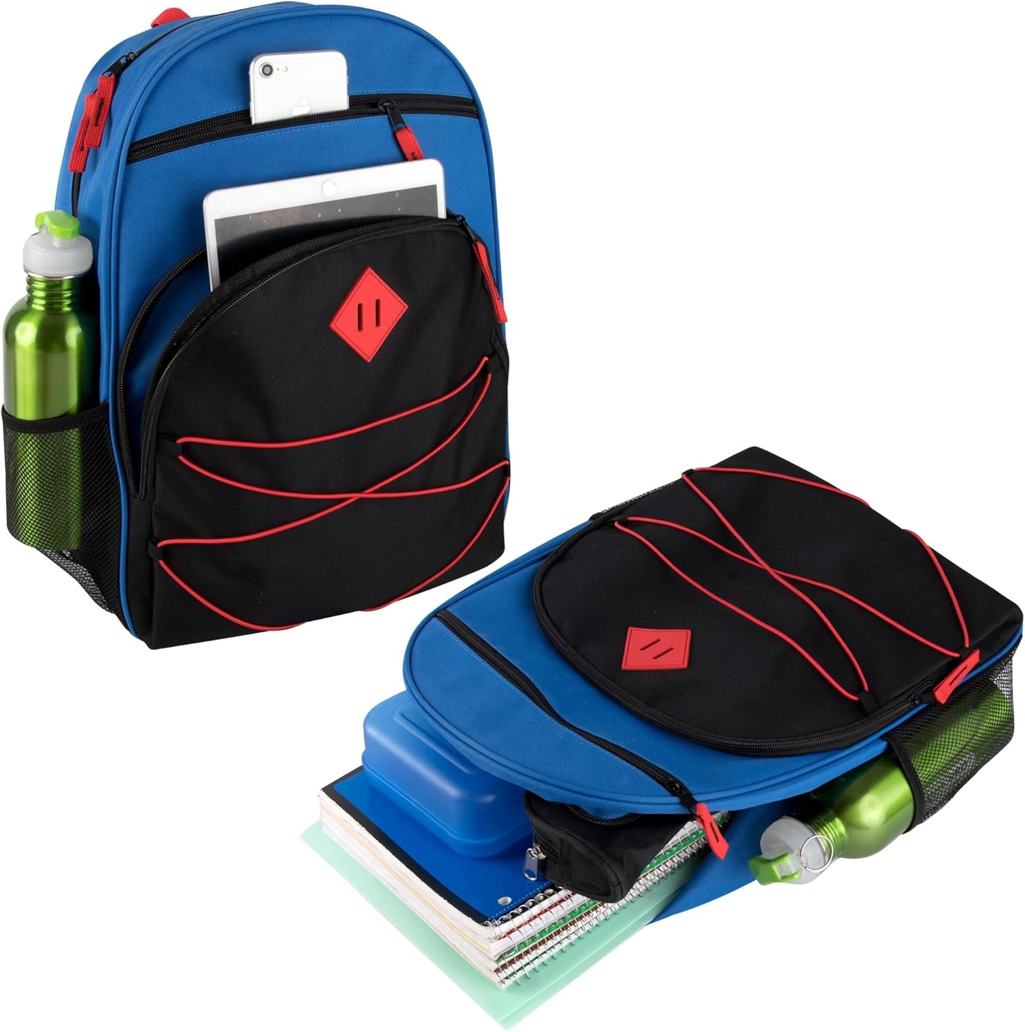 Trail maker Kids Backpacks with School Supplies for Boys, Girls | 20 Piece Back to School Supplies Set with 17″ Bungee Backpack (Red & Black)(Blue & Black)