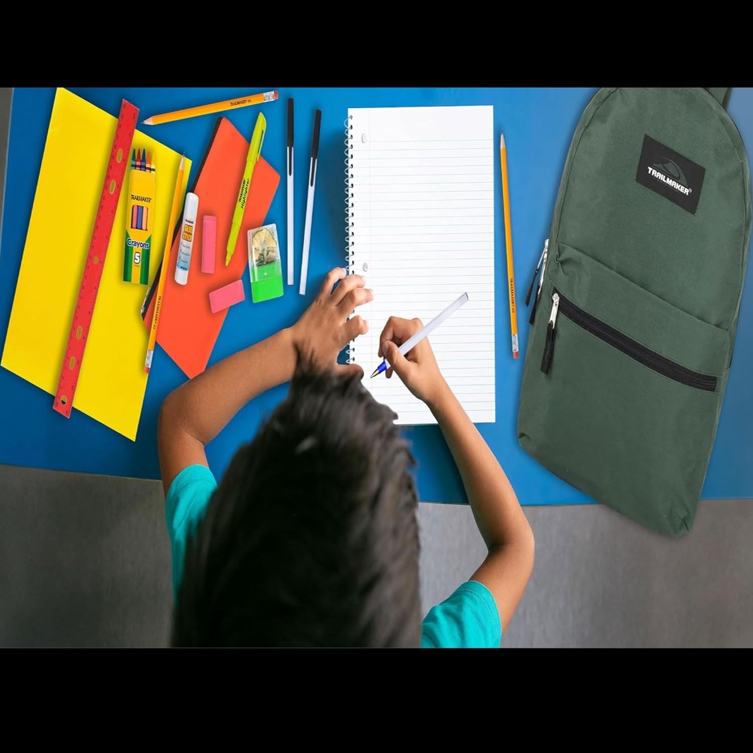 Trail maker Backpack with School Supplies for Kids – 20 Piece Back to School Supplies with 17″ Backpack (Black)(Green Pack)