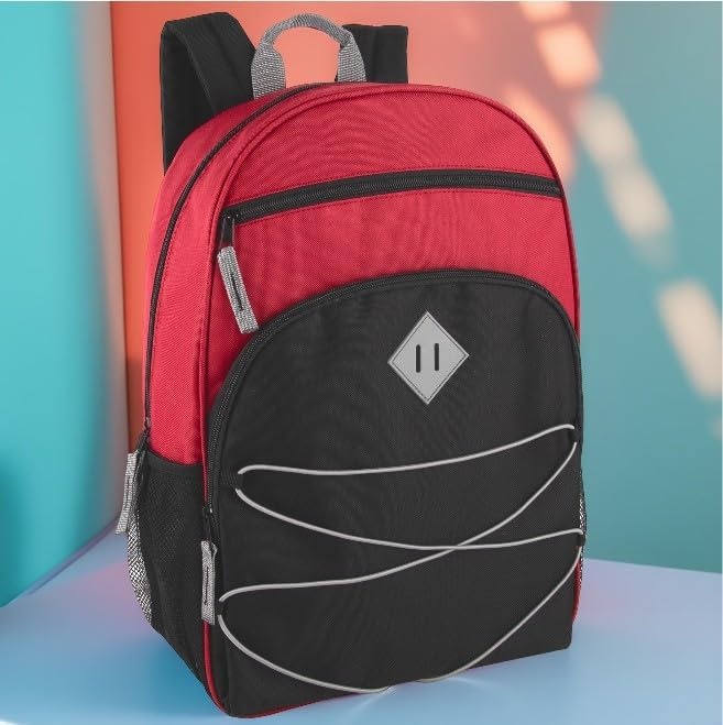 Trail maker Kids Backpacks with School Supplies for Boys, Girls | 20 Piece Back to School Supplies Set with 17″ Bungee Backpack (Red & Black)(Red & Black)