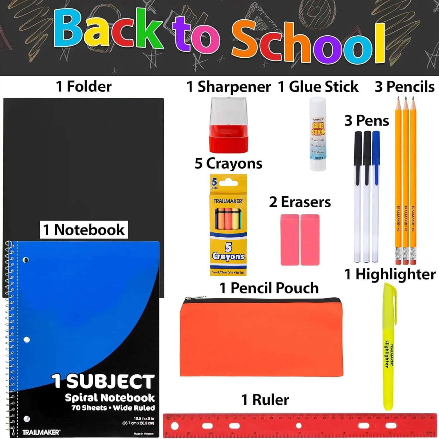 20 Piece School Supplies Pack for K-12 Back to School Supplies Bundle for School Students, Boys and Girls