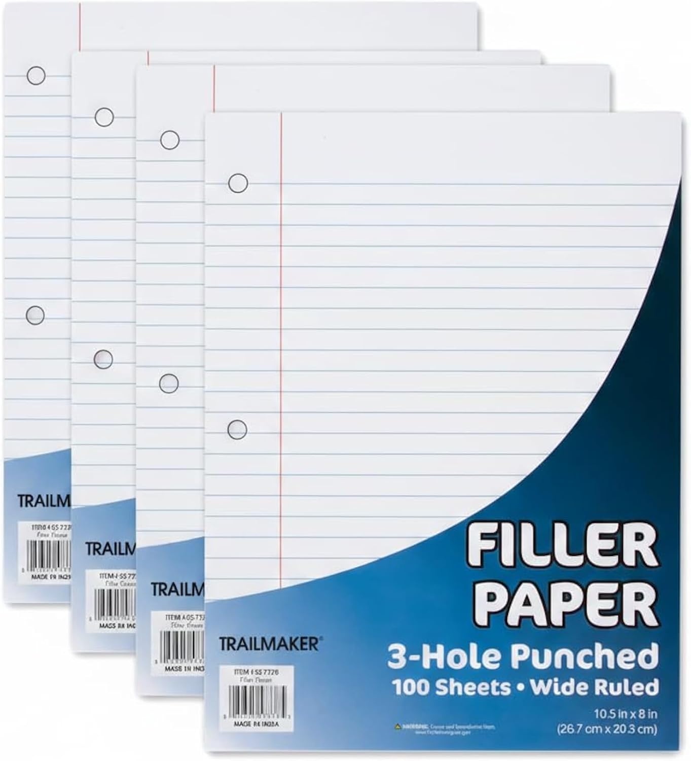 Trail Maker (50 Pack) Bulk Filler Paper Wide Ruled, 8 x 10-1/2 Inch Wide Ruled Paper, 3 Hole Punch, Loose Leaf Notebook Paper for 3 Ring Binders, 5000 sheets total(Wide Ruled)