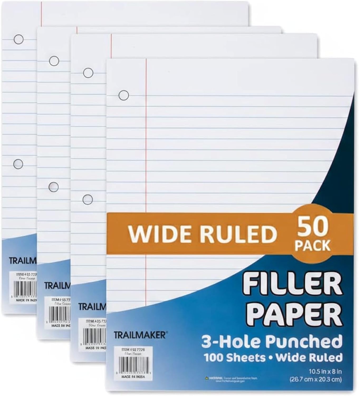 Trail Maker (50 Pack) Bulk Filler Paper Wide Ruled, 8 x 10-1/2 Inch Wide Ruled Paper, 3 Hole Punch, Loose Leaf Notebook Paper for 3 Ring Binders, 5000 sheets total(Wide Ruled)