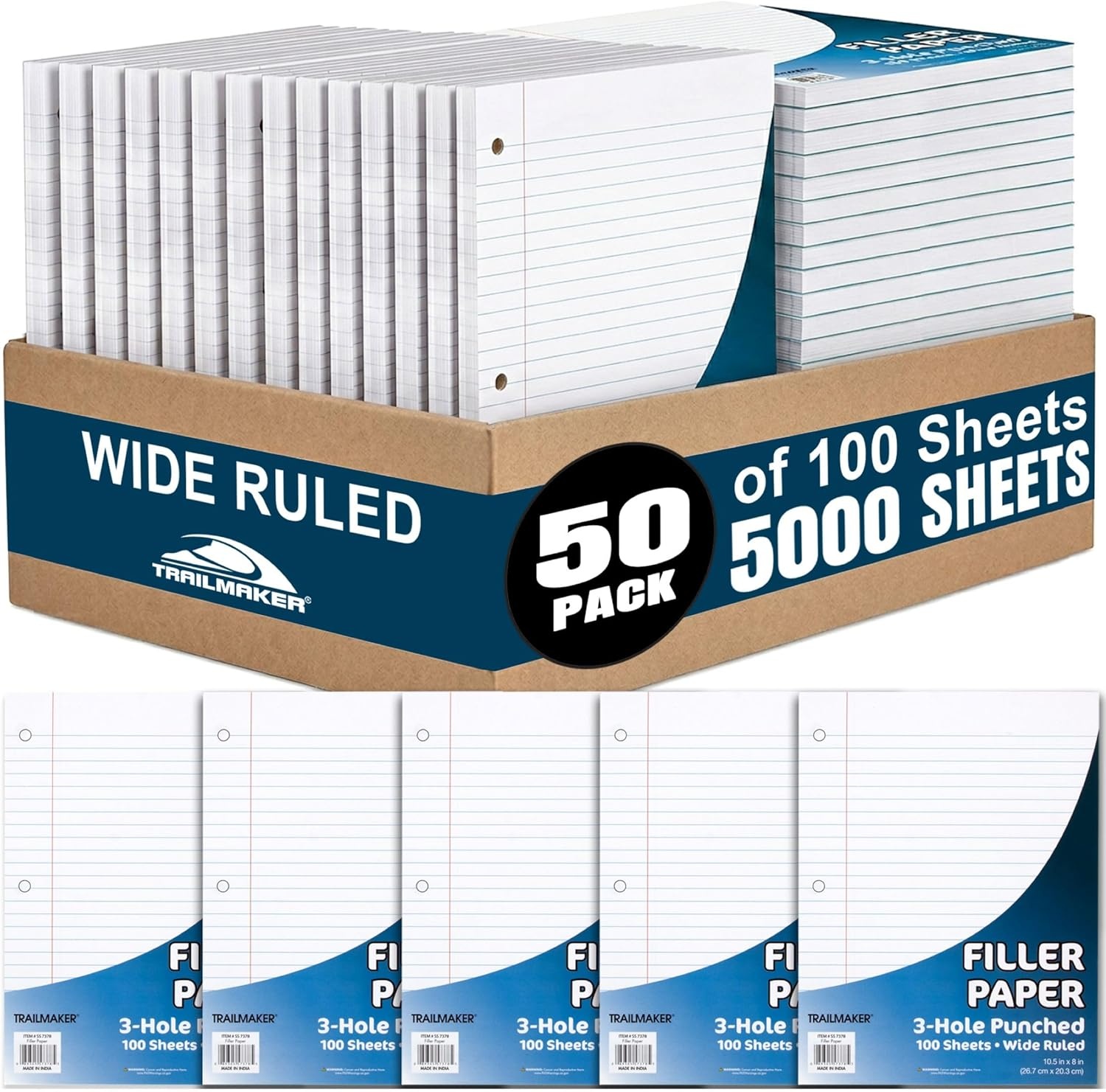 Trail Maker (50 Pack) Bulk Filler Paper Wide Ruled, 8 x 10-1/2 Inch Wide Ruled Paper, 3 Hole Punch, Loose Leaf Notebook Paper for 3 Ring Binders, 5000 sheets total(Wide Ruled)