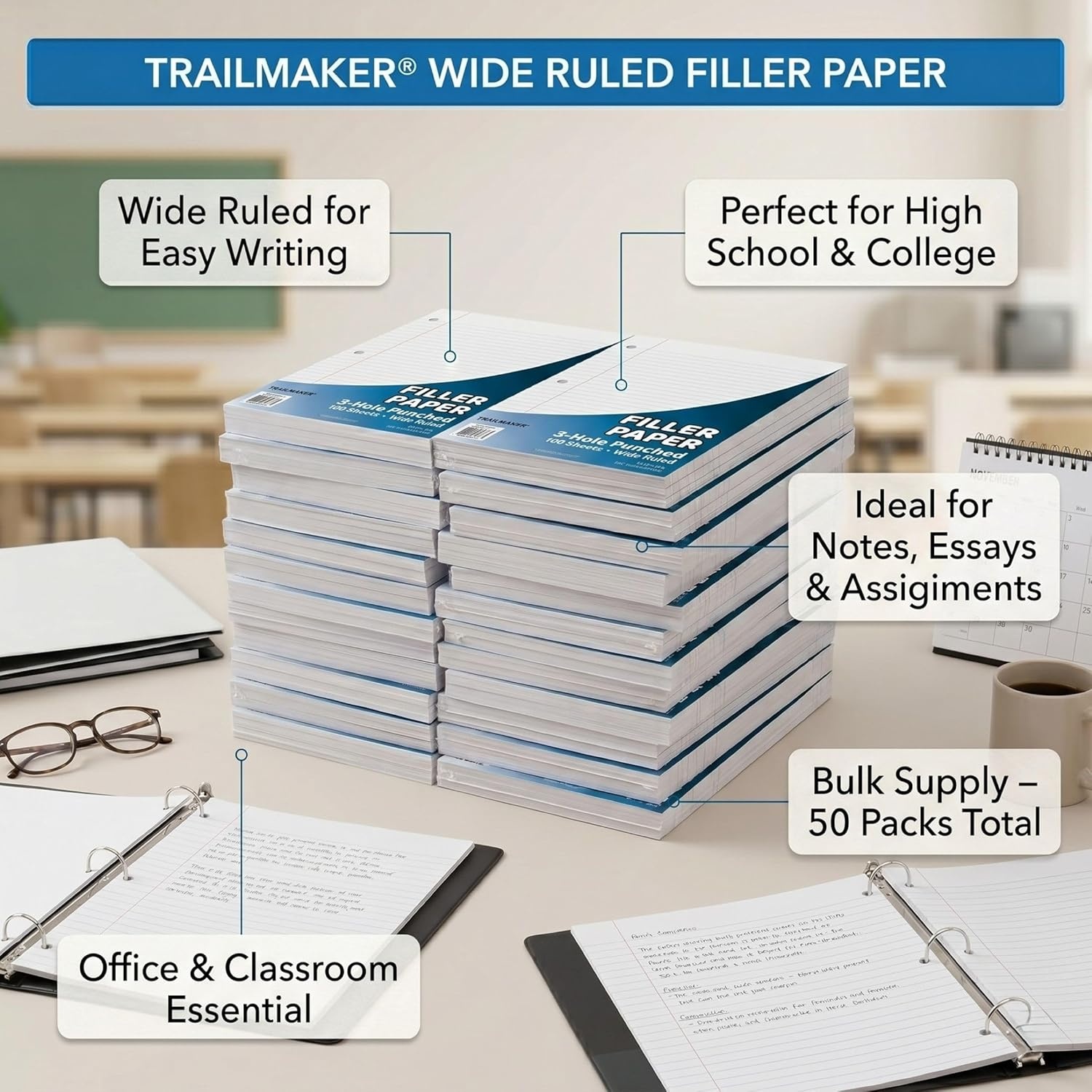 Trail Maker (50 Pack) Bulk Filler Paper Wide Ruled, 8 x 10-1/2 Inch Wide Ruled Paper, 3 Hole Punch, Loose Leaf Notebook Paper for 3 Ring Binders, 5000 sheets total(Wide Ruled)