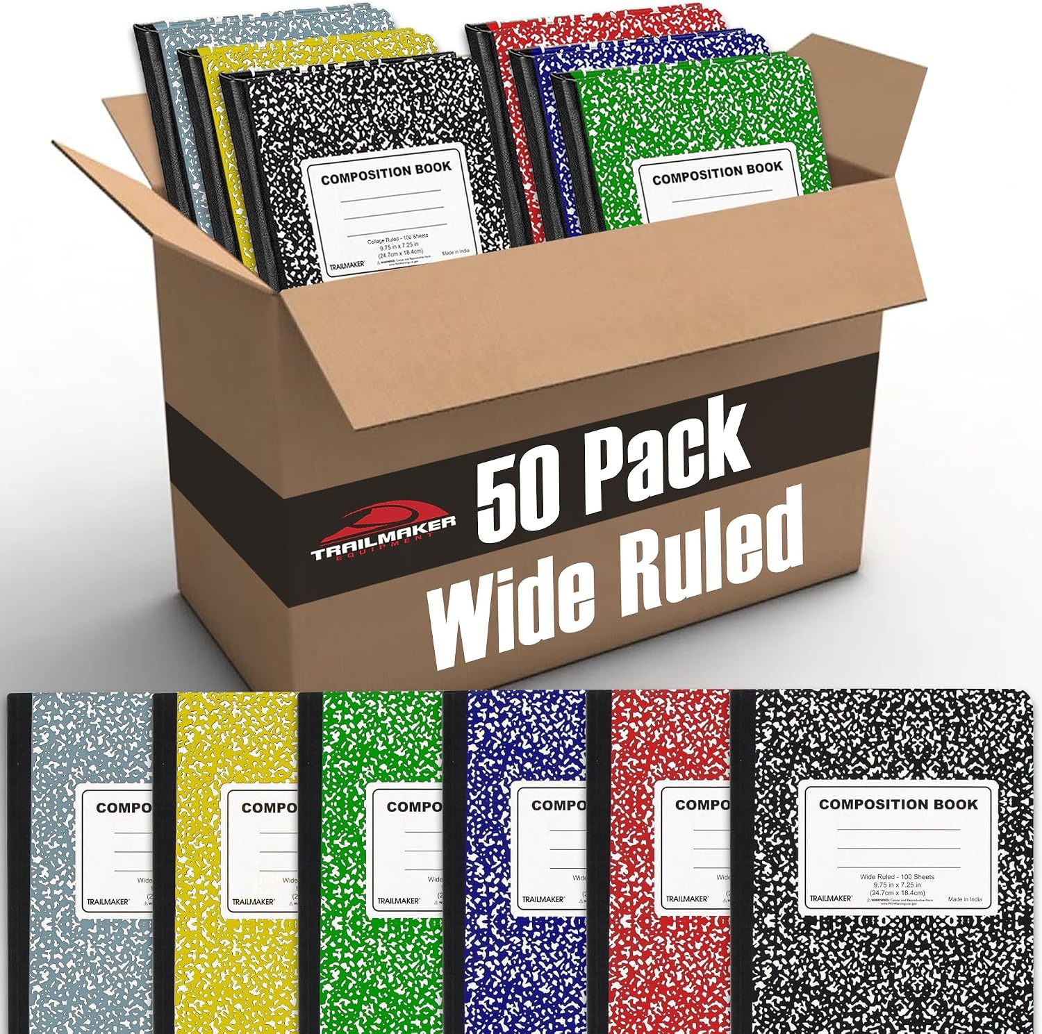 Trail maker 5 Pack Composition Notebooks Colored, Wide Ruled Marble Cover, 200 Pages (100 Sheets), 9.75 x 7.25, Bulk School Supplies for Classroom, Office & School Donations(50 Pack)