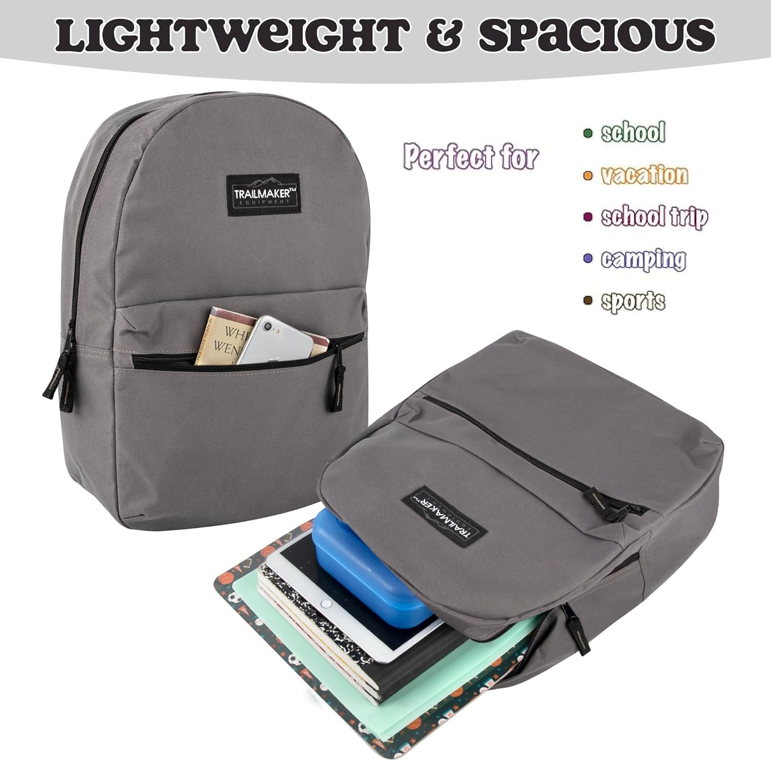 Trail maker Classic 17 inch Backpacks with Adjustable Padded Straps | School Backpacks for Girls, Boys (Green)(Grey)