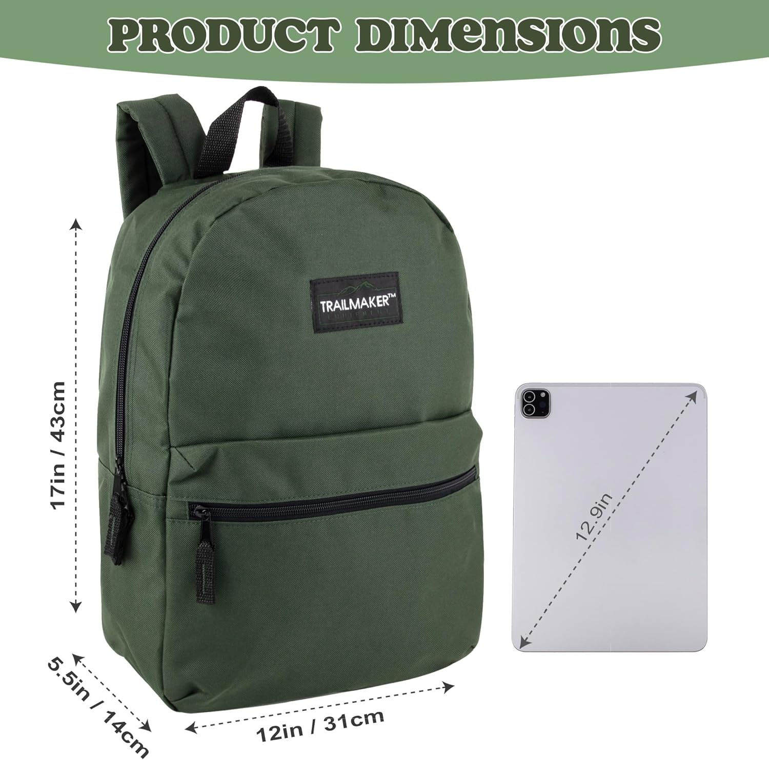 Trail maker Classic 17 inch Backpacks with Adjustable Padded Straps | School Backpacks for Girls, Boys (Green)(Green)