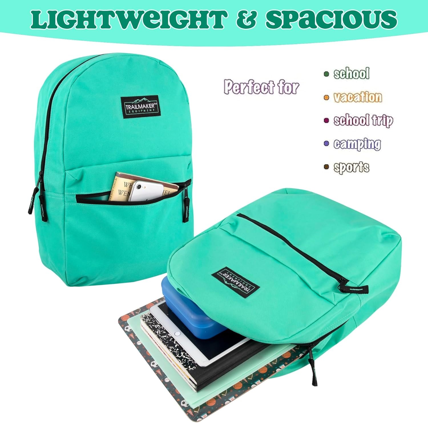 Trail maker Classic 17 inch Backpacks with Adjustable Padded Straps | School Backpacks for Girls, Boys (Green)(Aqua)