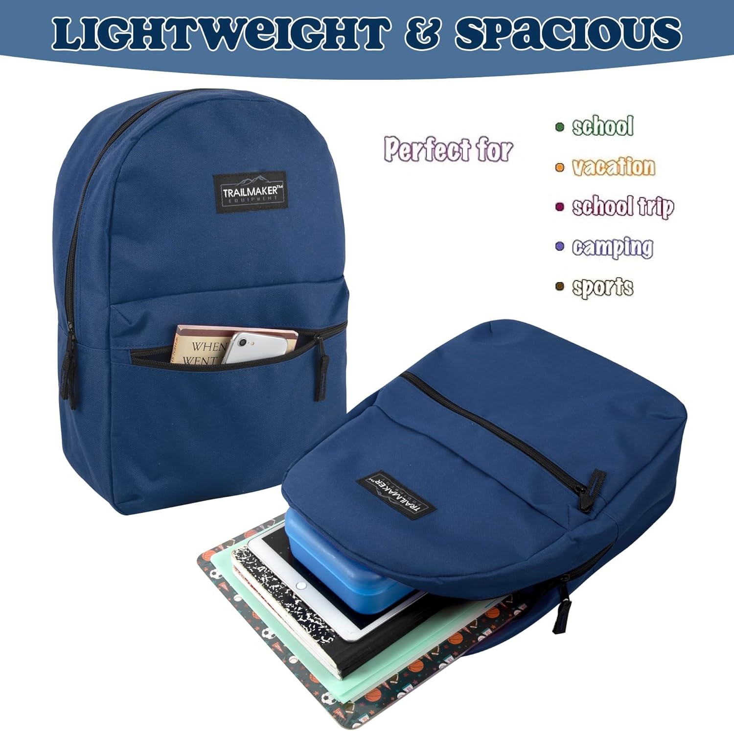 Trail maker Classic 17 inch Backpacks with Adjustable Padded Straps | School Backpacks for Girls, Boys (Green)(Navy)