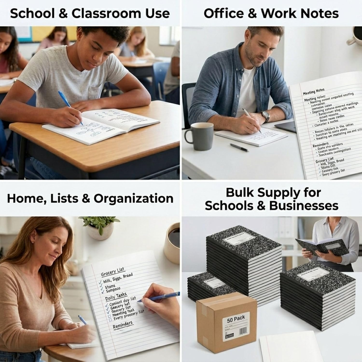 Trail maker 5 Pack Composition Notebooks, College Ruled Marble Cover, 200 Pages (100 Sheets), 9.75 x 7.25, Bulk School Supplies for Classroom, Office & School Donations(50 Pack)