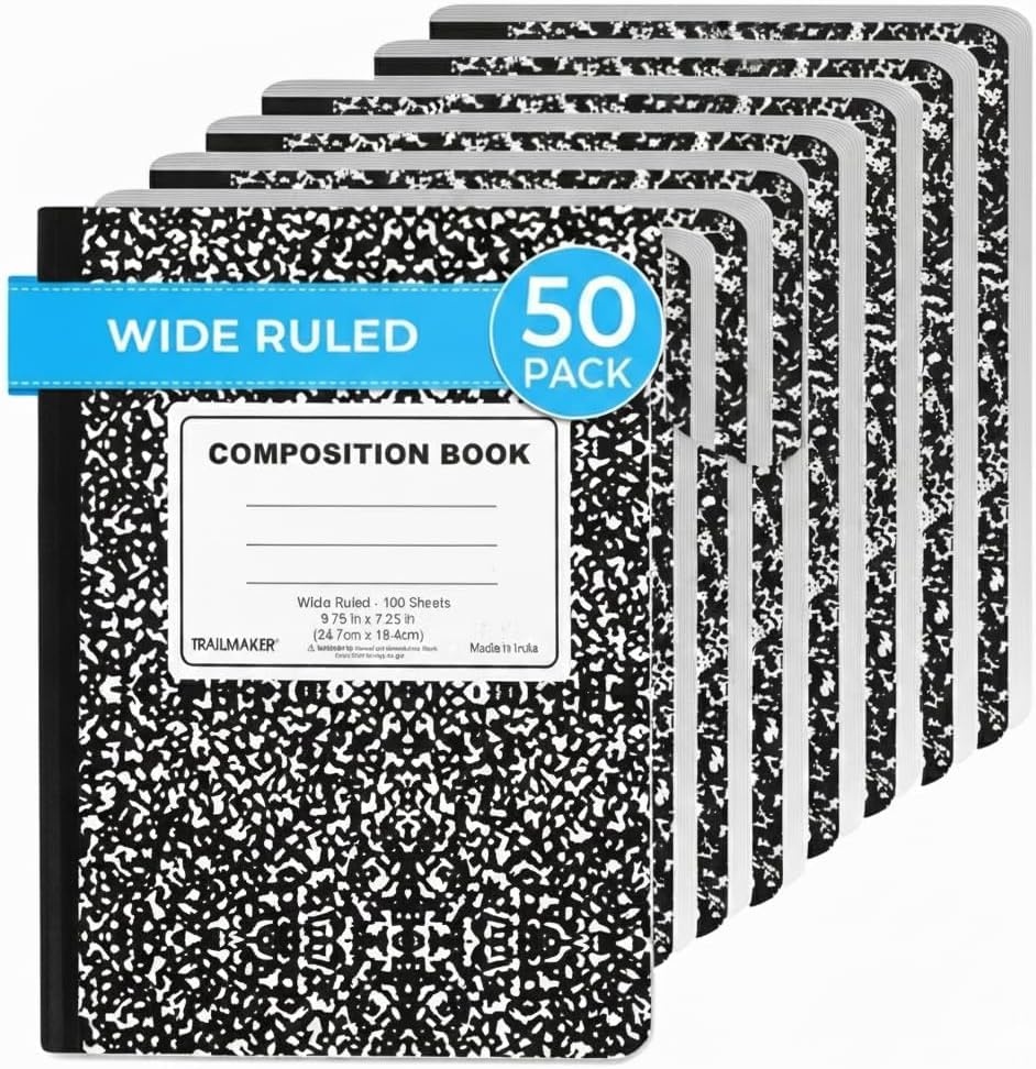 Trail maker 5 Pack Composition Notebooks, Wide Ruled Marble Cover, 200 Pages (100 Sheets), 9.75 x 7.25, Bulk School Supplies for Classroom, Office & School Donations(2 000 pack)