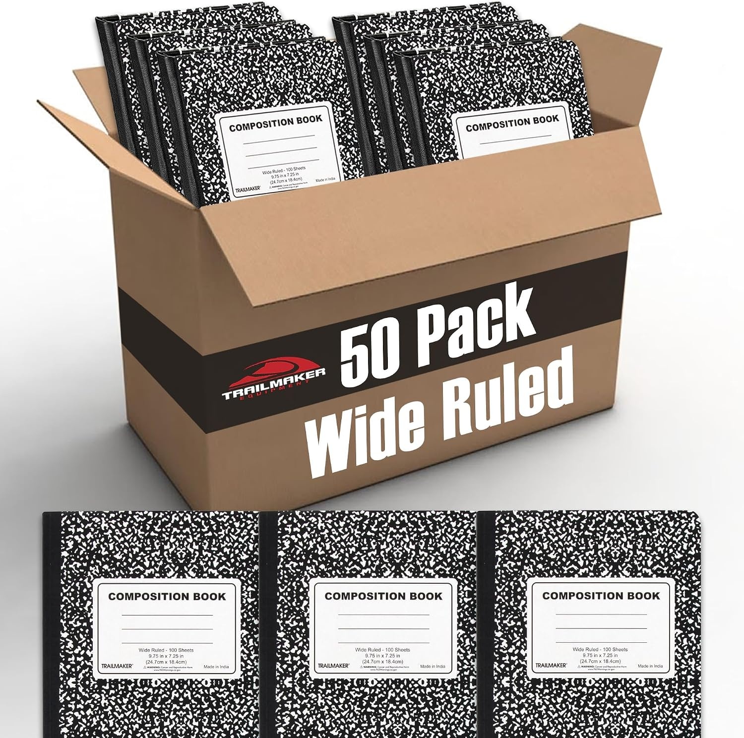 Trail maker 5 Pack Composition Notebooks, Wide Ruled Marble Cover, 200 Pages (100 Sheets), 9.75 x 7.25, Bulk School Supplies for Classroom, Office & School Donations(2 000 pack)
