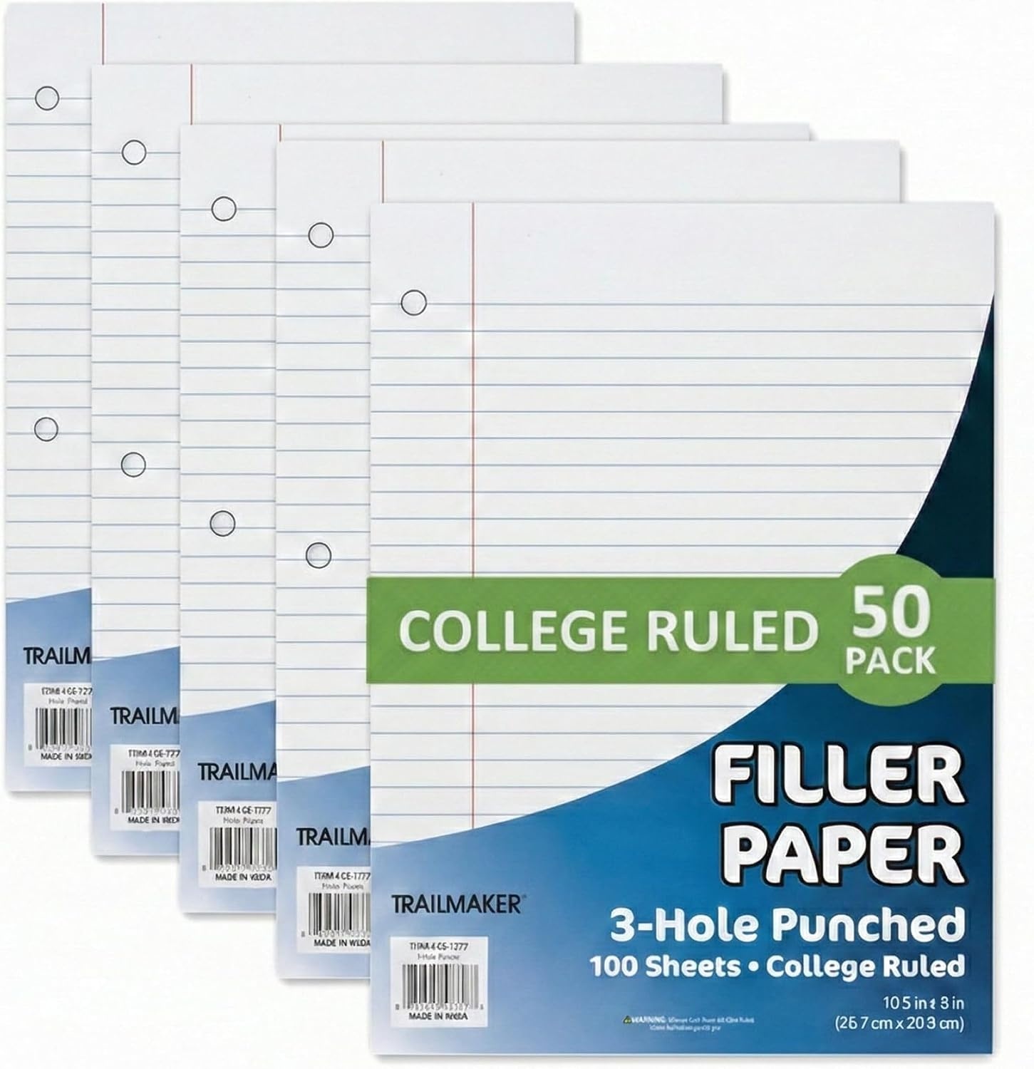 Trail Maker (50 Pack) Bulk Filler Paper College Ruled, 8 x 10-1/2 Inch College Ruled Paper, 3 Hole Punch, Loose Leaf Notebook Paper for 3 Ring Binders, 5000 sheets total(College Ruled)