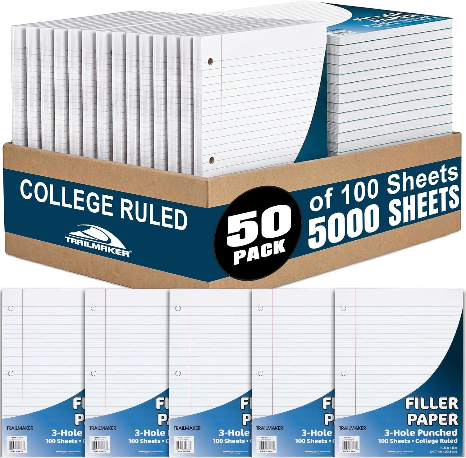 Trail Maker (50 Pack) Bulk Filler Paper College Ruled, 8 x 10-1/2 Inch College Ruled Paper, 3 Hole Punch, Loose Leaf Notebook Paper for 3 Ring Binders, 5000 sheets total(College Ruled)