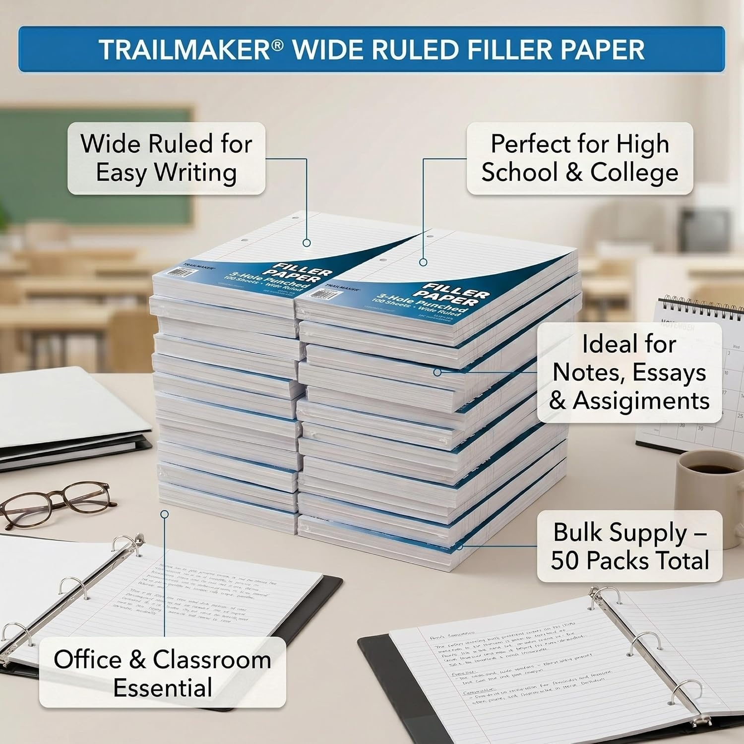 Trail Maker (50 Pack) Bulk Filler Paper College Ruled, 8 x 10-1/2 Inch College Ruled Paper, 3 Hole Punch, Loose Leaf Notebook Paper for 3 Ring Binders, 5000 sheets total(College Ruled)