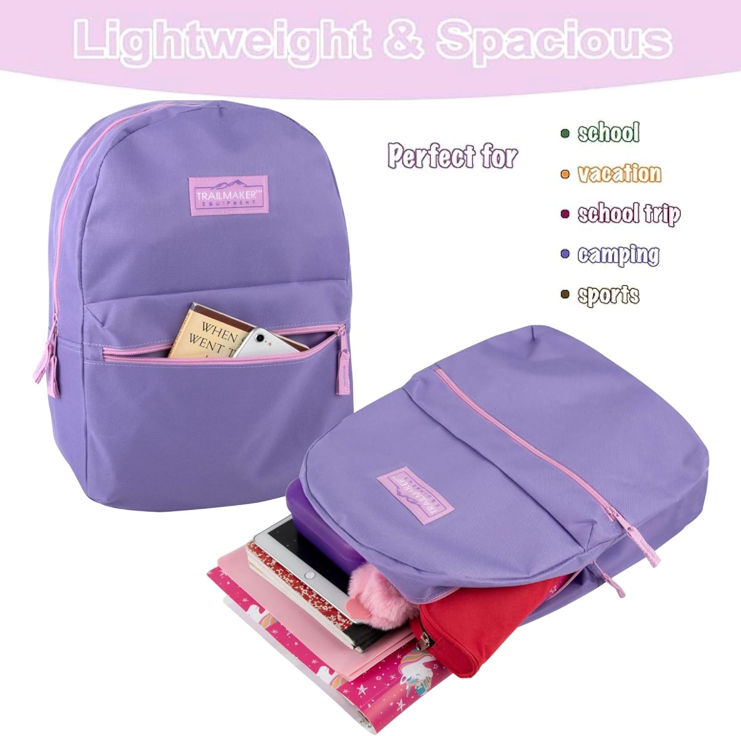 Trail maker Classic 17 inch Backpacks with Adjustable Padded Straps | School Backpacks for Girls, Boys (Green)(Purple)