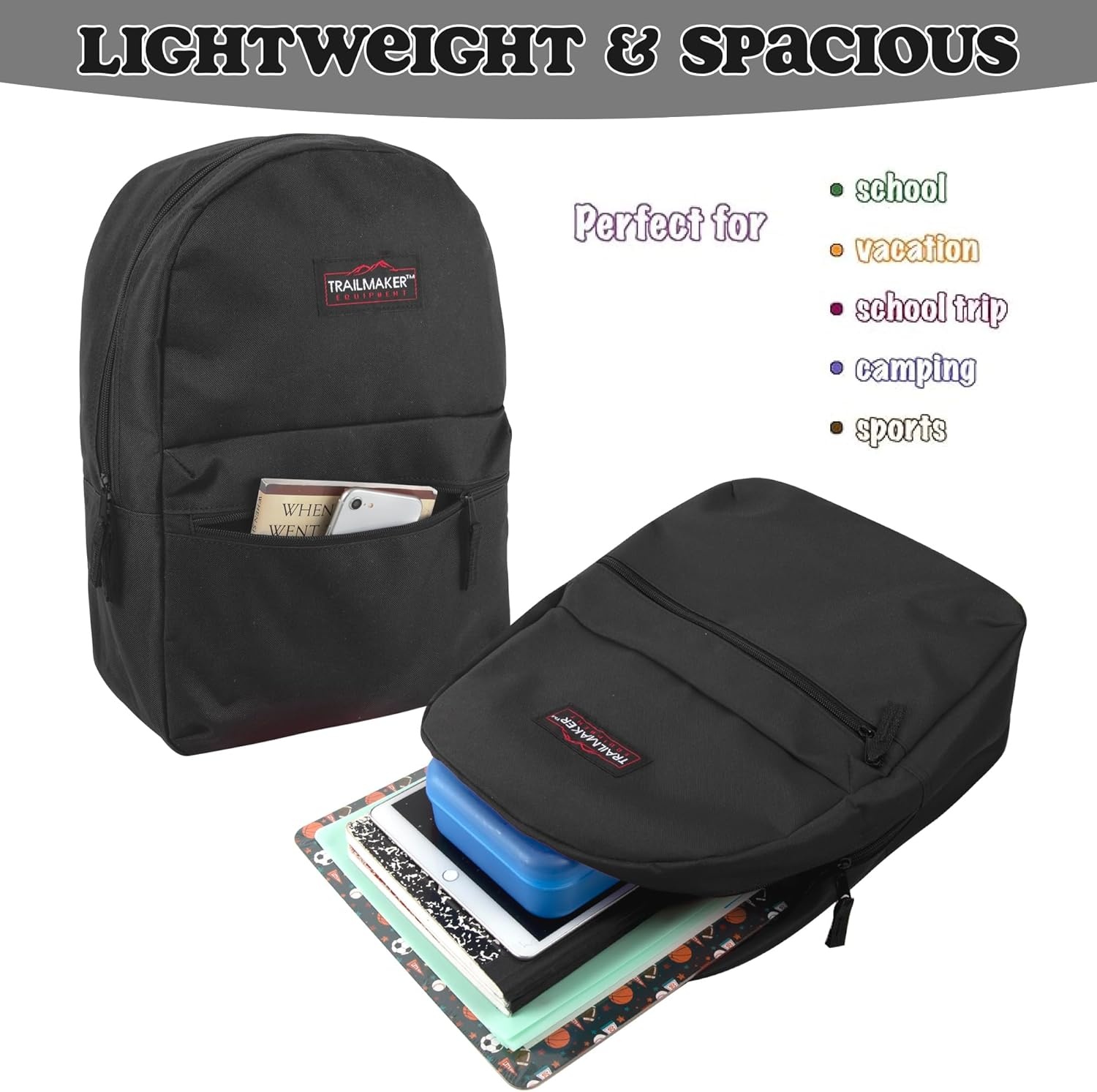 Trail maker 24 Pack 17 Inch Backpacks in Bulk Backpacks for Boys, Girls, School, and Homeless Donation(Black)