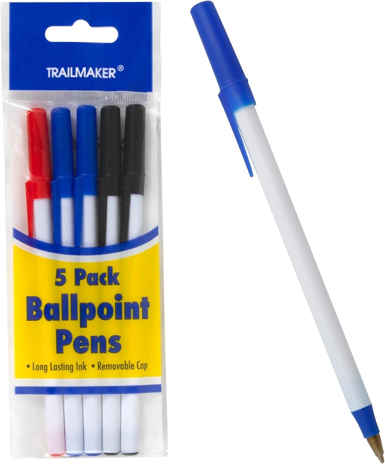 Trail maker Bulk Ballpoint Pens 500 Count (100 Packs of 5) – Red, Black & Blue Ink Writing Pens for School, Office Supplies, Students & Teachers(500)