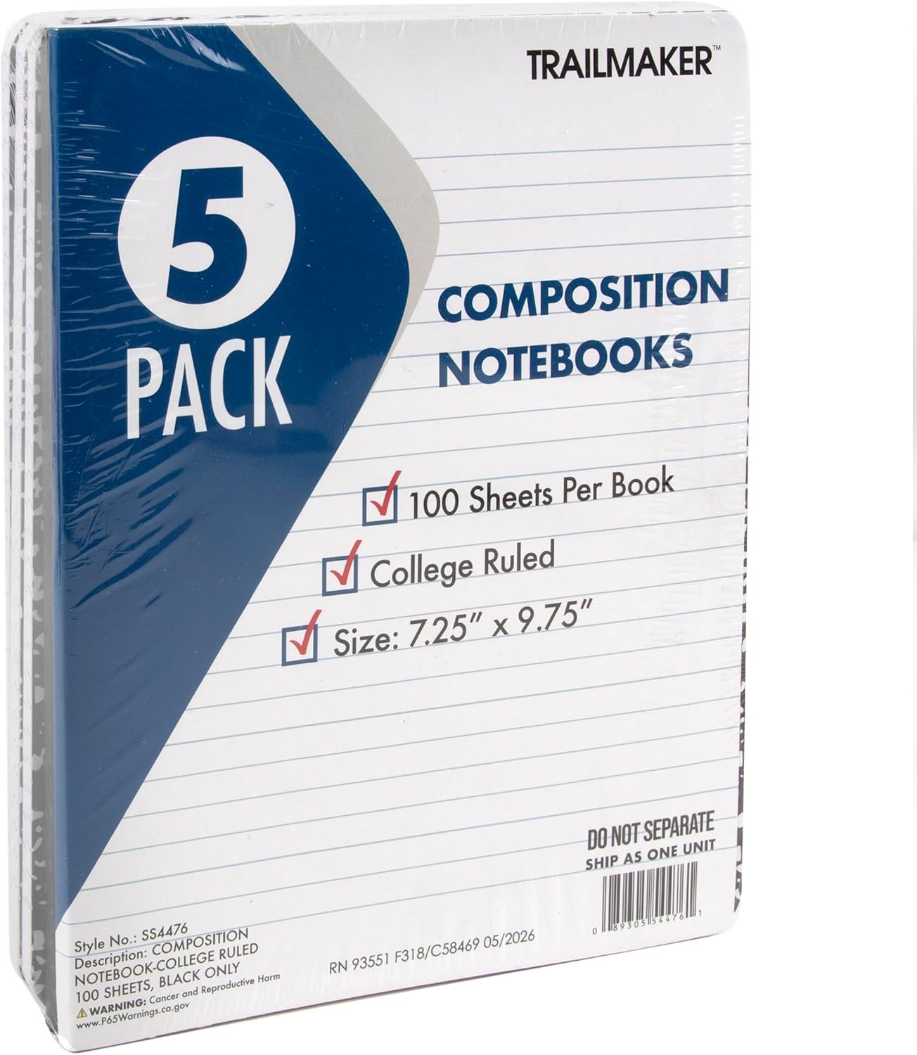 Trail maker 5 Pack Composition Notebooks, College Ruled Marble Cover, 200 Pages (100 Sheets), 9.75 x 7.25, Bulk School Supplies for Classroom, Office & School Donations(5 pack)