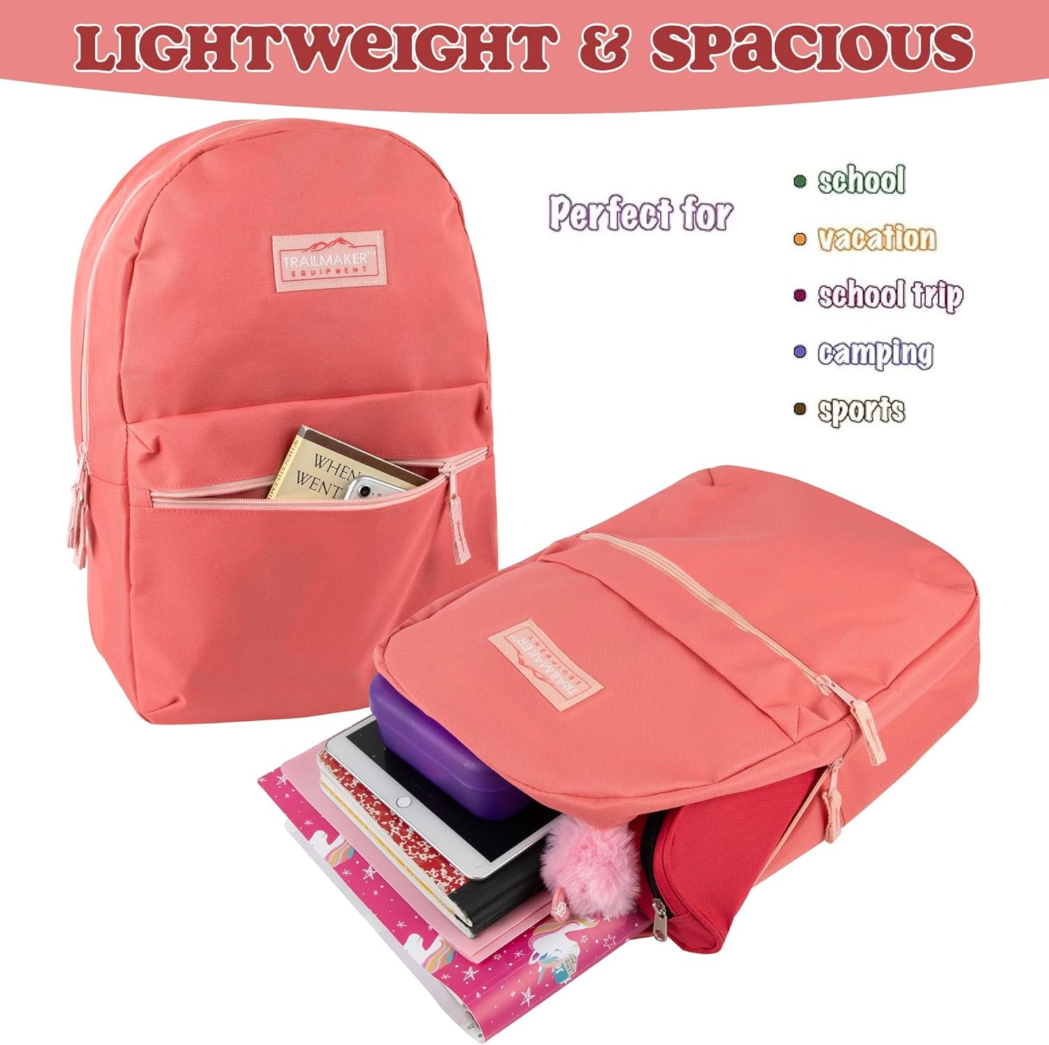 Trail maker Classic 17 inch Backpacks with Adjustable Padded Straps | School Backpacks for Girls, Boys (Green)(Coral)