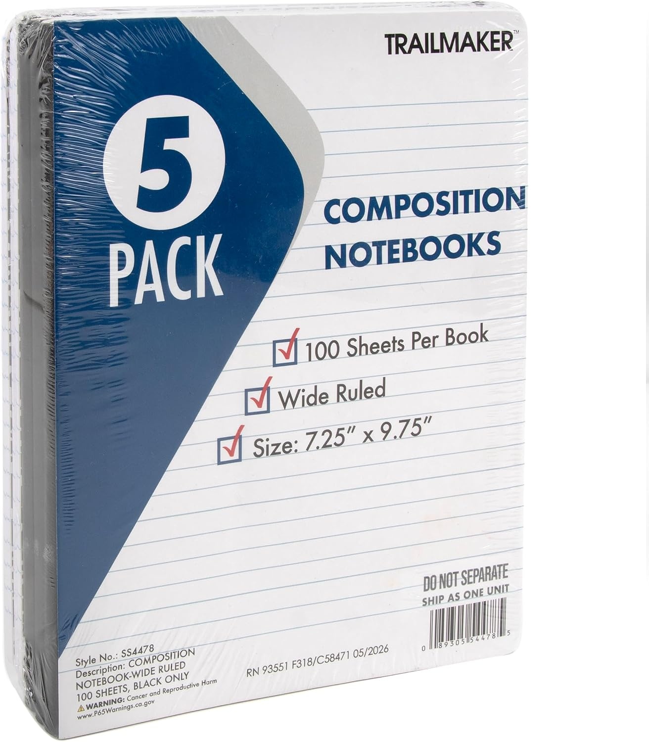 Trail maker 5 Pack Composition Notebooks, Wide Ruled Marble Cover, 200 Pages (100 Sheets), 9.75 x 7.25, Bulk School Supplies for Classroom, Office & School Donations(5 pack)