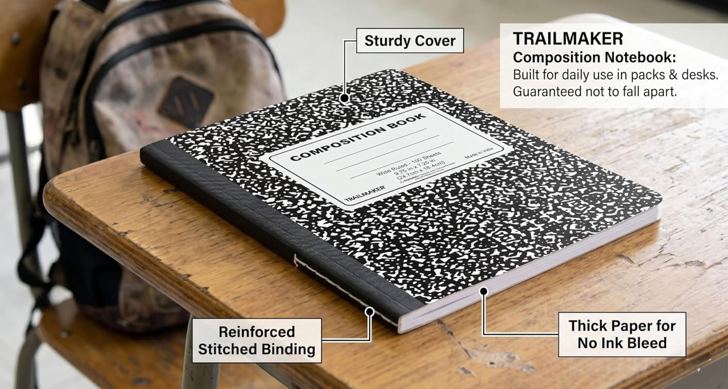 Trail maker 5 Pack Composition Notebooks, Wide Ruled Marble Cover, 200 Pages (100 Sheets), 9.75 x 7.25, Bulk School Supplies for Classroom, Office & School Donations(5 pack)