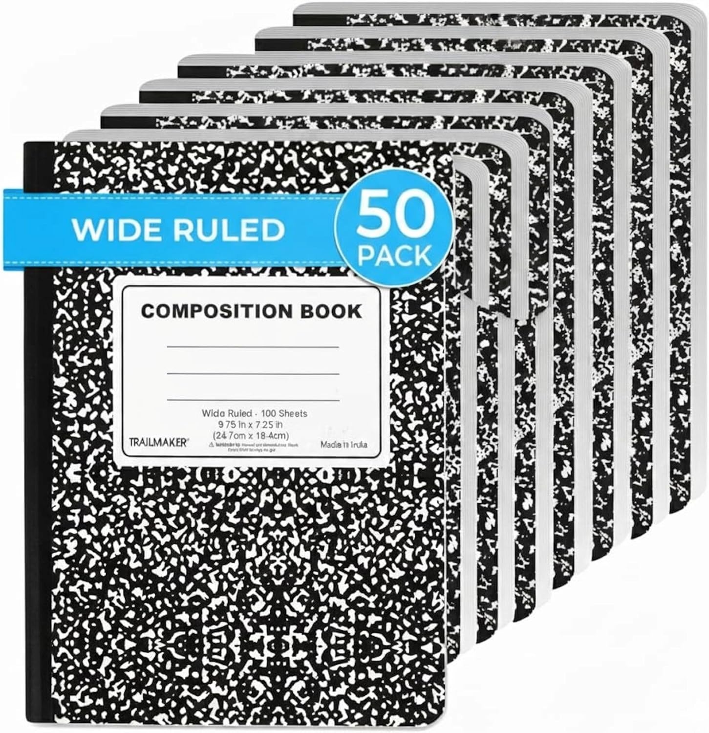 Trail maker 5 Pack Composition Notebooks, Wide Ruled Marble Cover, 200 Pages (100 Sheets), 9.75 x 7.25, Bulk School Supplies for Classroom, Office & School Donations(50 Pack)