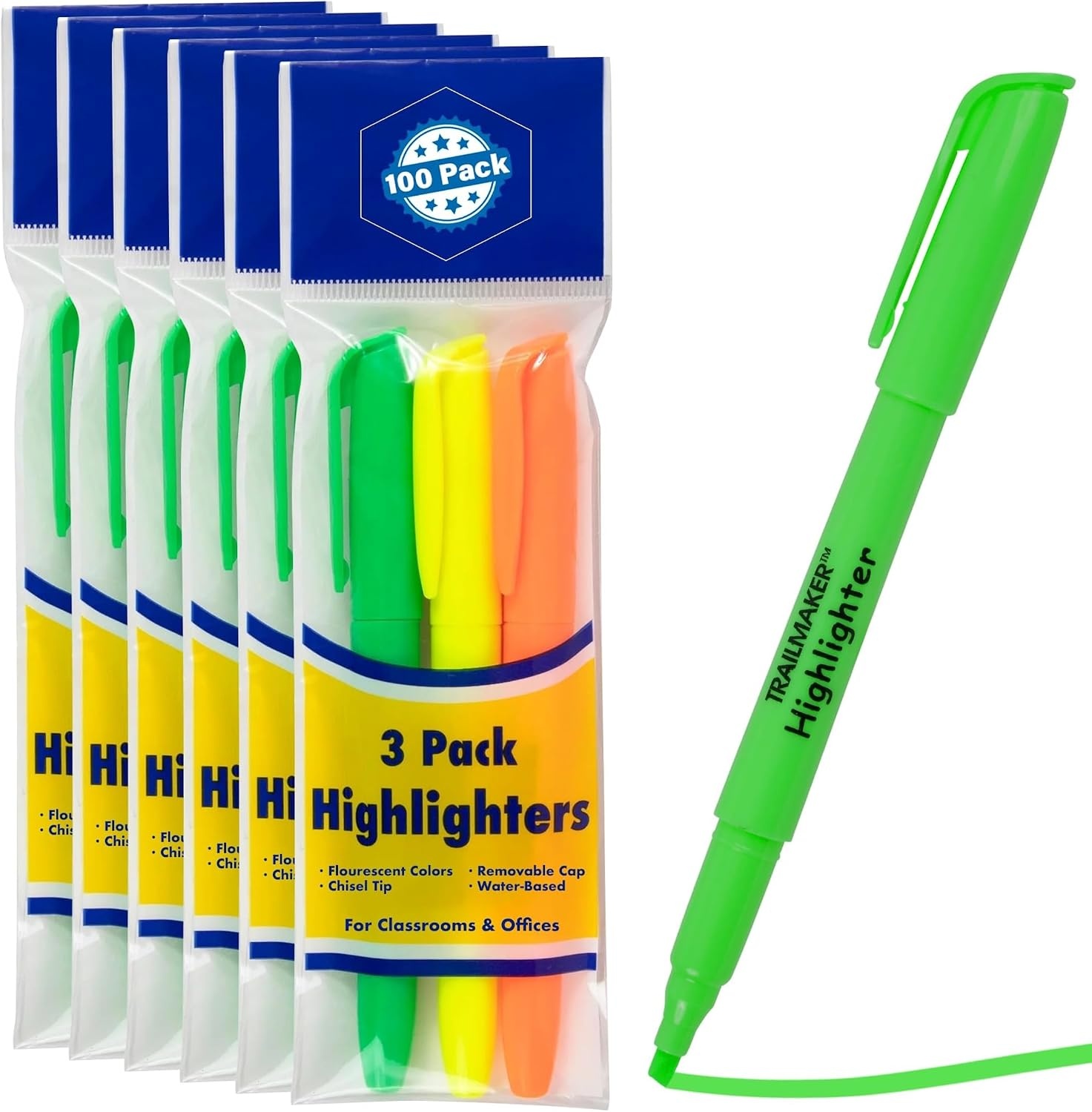 Trail maker Bulk Highlighters (300 Count) – Orange, Yellow & Green Bright Highlighter Set | School & Classroom Supplies Bulk Pack for Teachers, Students, Kids & Office Use (100 Packs of 3 Colors)(300 Pack Tricolor (100 Packs of 3))