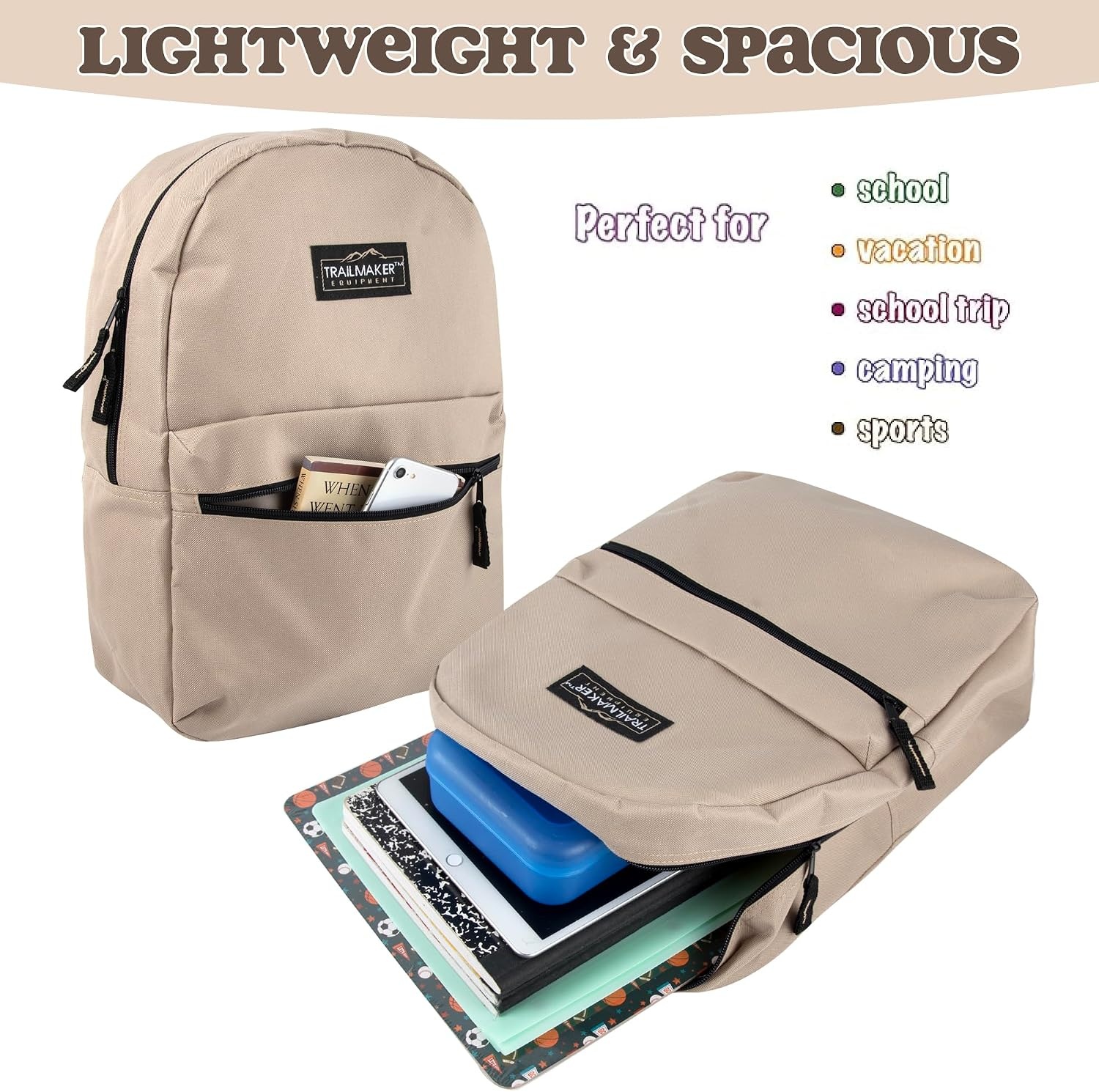 Trail maker Classic 17 inch Backpacks with Adjustable Padded Straps | School Backpacks for Girls, Boys (Green)(Khaki)