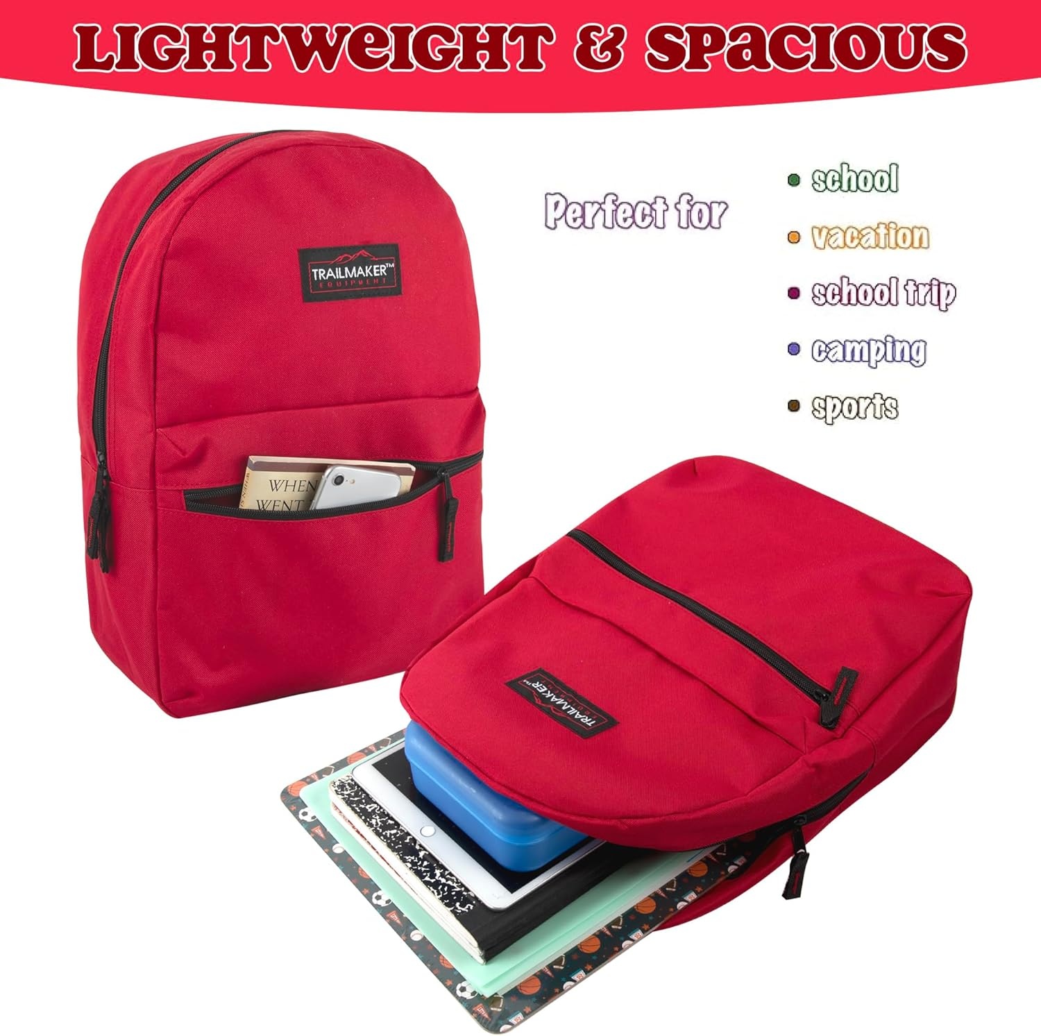 Trail maker 24 Pack 17 Inch Backpacks in Bulk Backpacks for Boys, Girls, School, and Homeless Donation(Red)