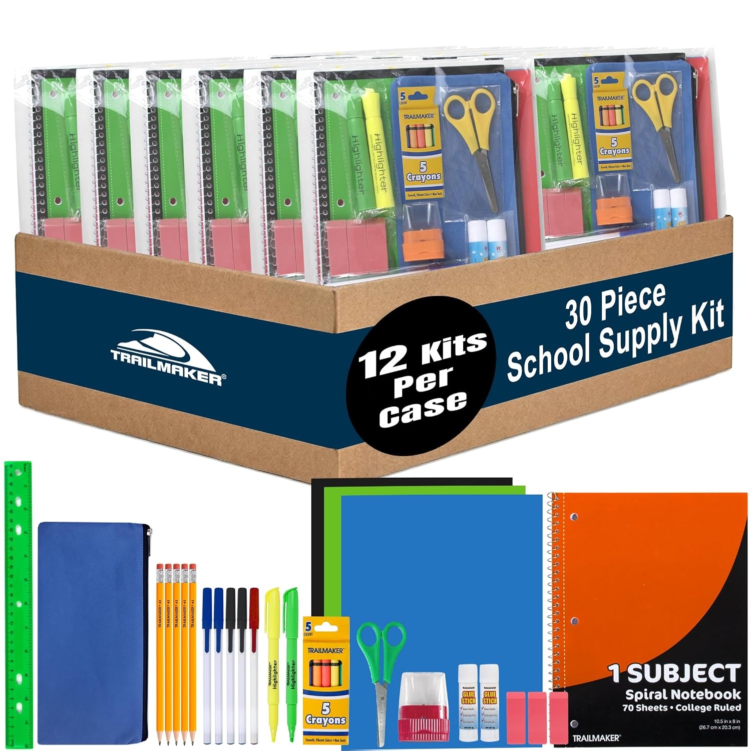 12 Pack of 30 Piece Sets Bulk School Supplies Kits for Girls, Boys Back to School Supplies Box Bundle Pack for Kids Kindergarten, Elementary Includes Notebook, Folders, Pens, Pencils, and More