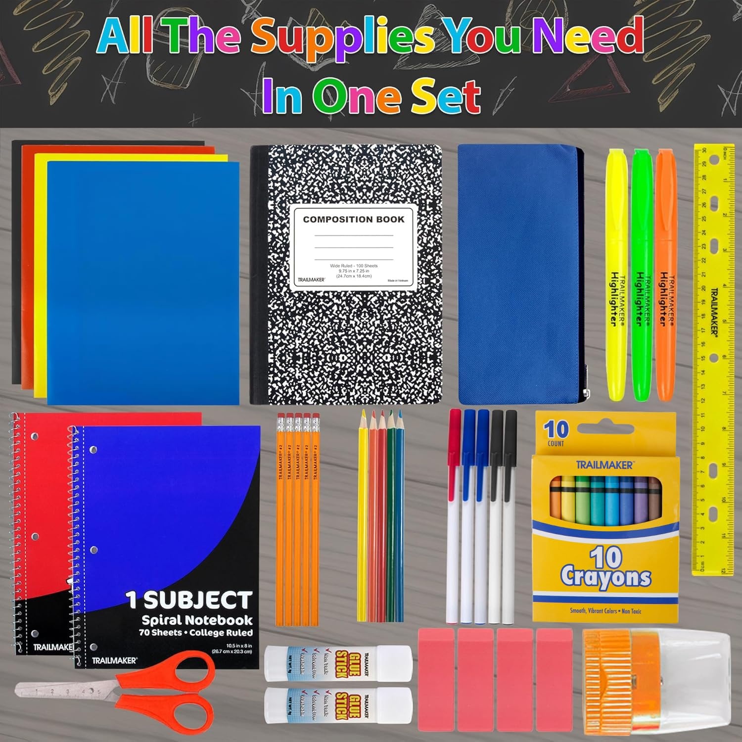 Bulk Elementary School Supply Kits, 12 Packs of 45 Piece Wholesale School Supplies for Kids Includes Folders Notebooks Pencils Pens and Much More 
