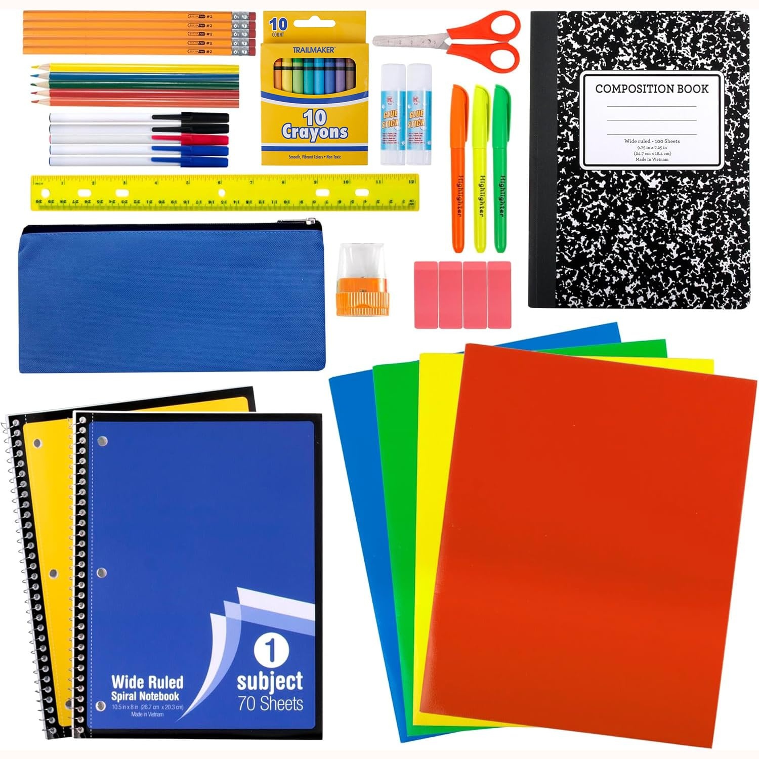 Bulk Elementary School Supply Kits, 12 Packs of 45 Piece Wholesale School Supplies for Kids Includes Folders Notebooks Pencils Pens and Much More 