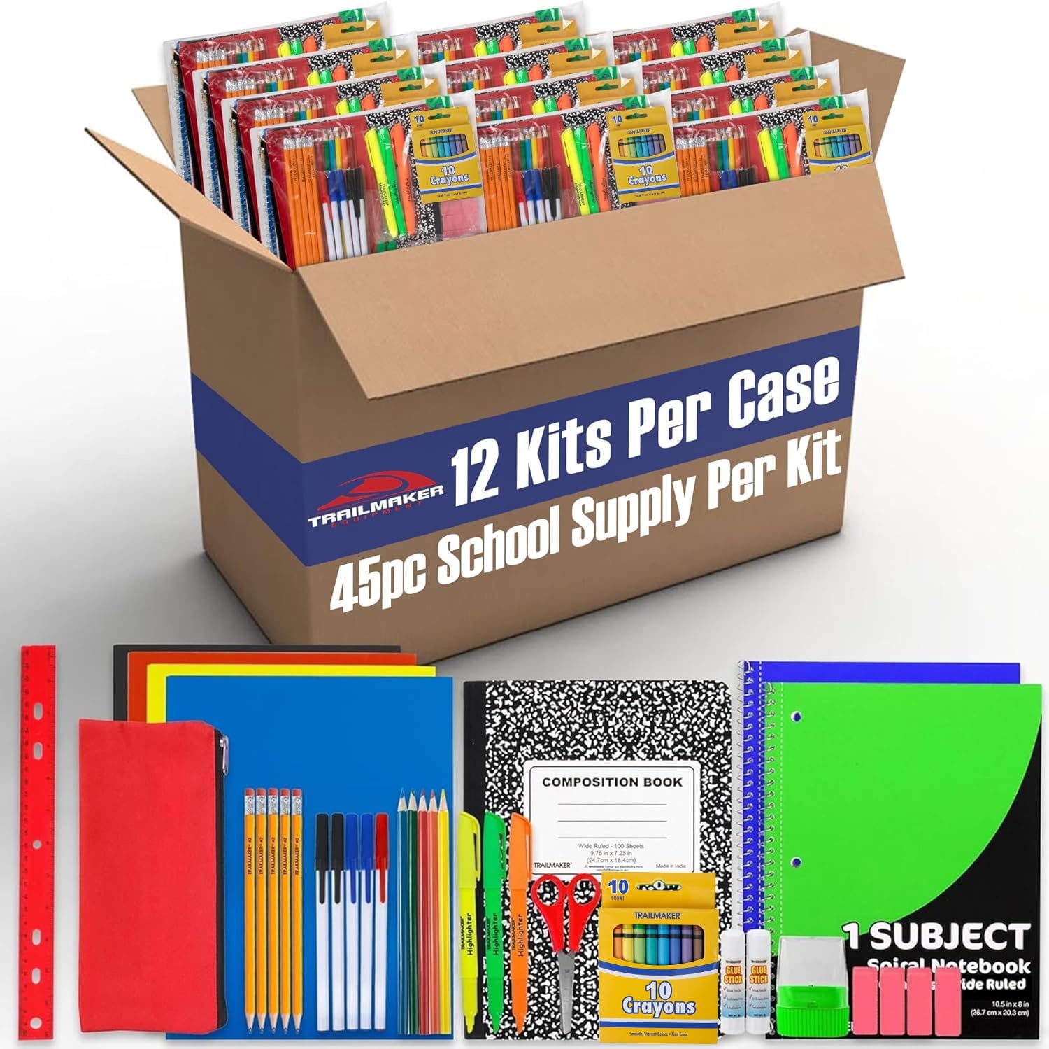 Bulk Elementary School Supply Kits, 12 Packs of 45 Piece Wholesale School Supplies for Kids Includes Folders Notebooks Pencils Pens and Much More 