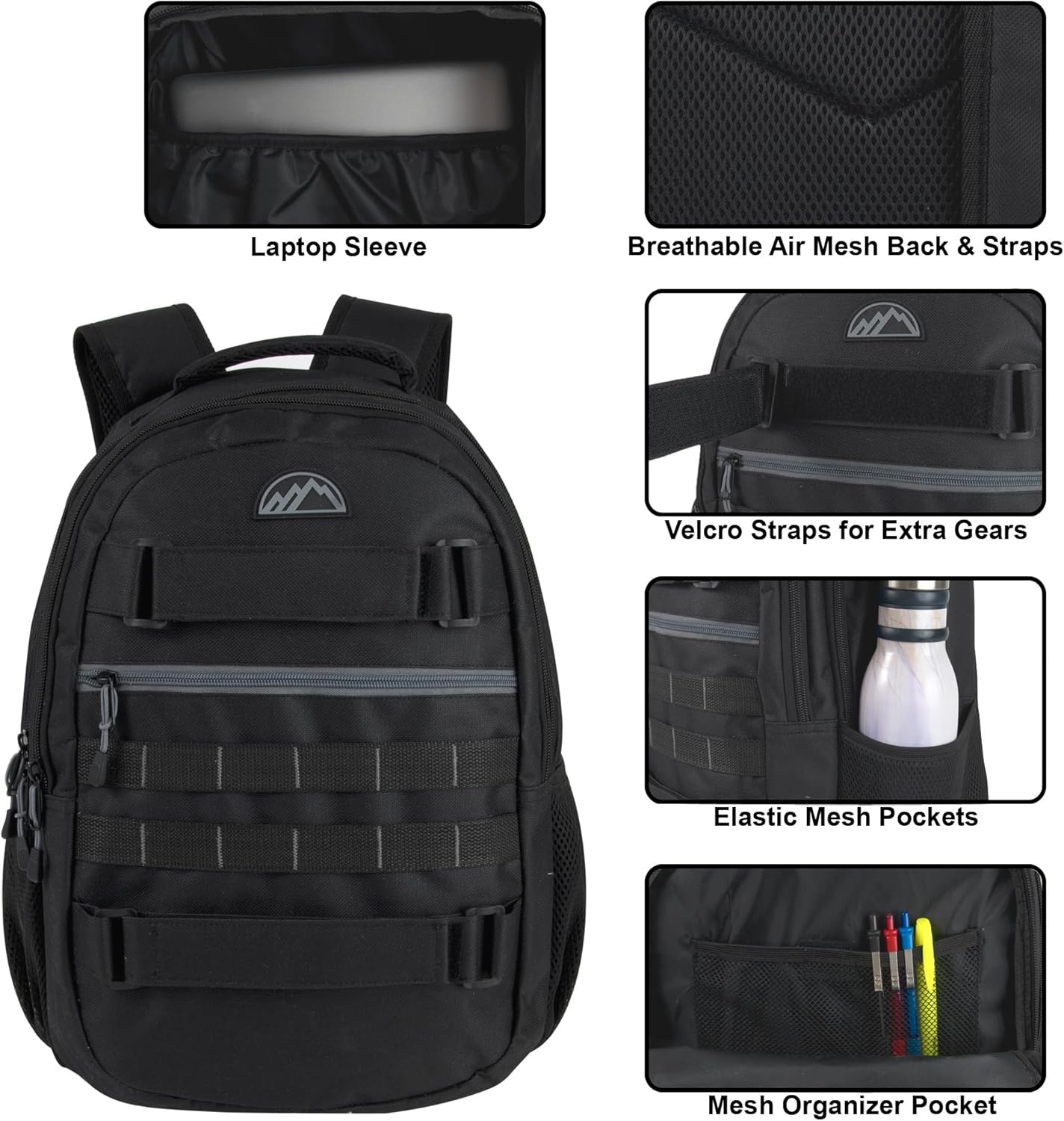 Trail maker 24 Pack Bulk 18.5 Inch Heavy Duty Dual Compartment Laptop Backpacks with Skateboard Straps for Homeless Adults (Heather Gray)(All Black Pack)