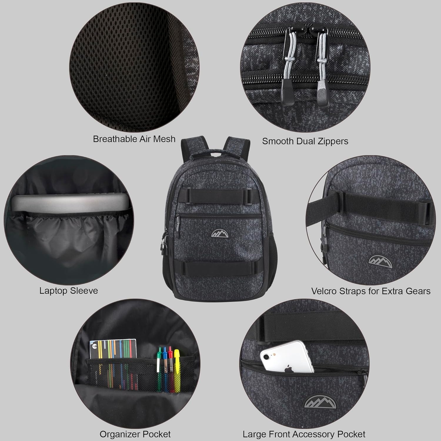 Trail maker 24 Pack Bulk 18.5 Inch Heavy Duty Dual Compartment Laptop Backpacks with Skateboard Straps for Homeless Adults (Heather Gray)(Heather Gray Pack)